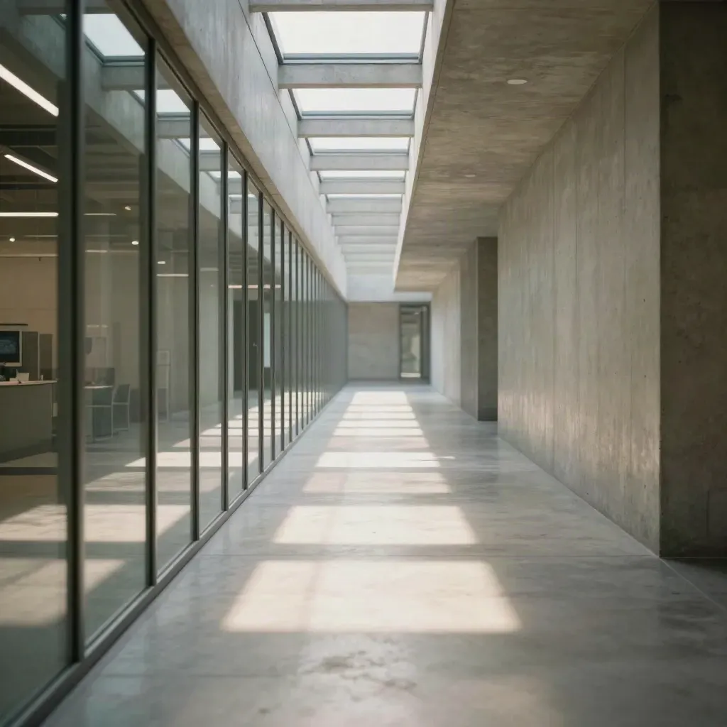 Sunlit concrete ecommerce corridor with skylights, glass partitions, and a calm copy space.
