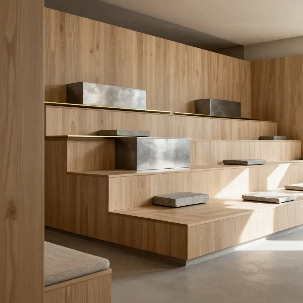 Stepped oak panels and brushed-metal bays recede in a warm premium interior with calm copy space.