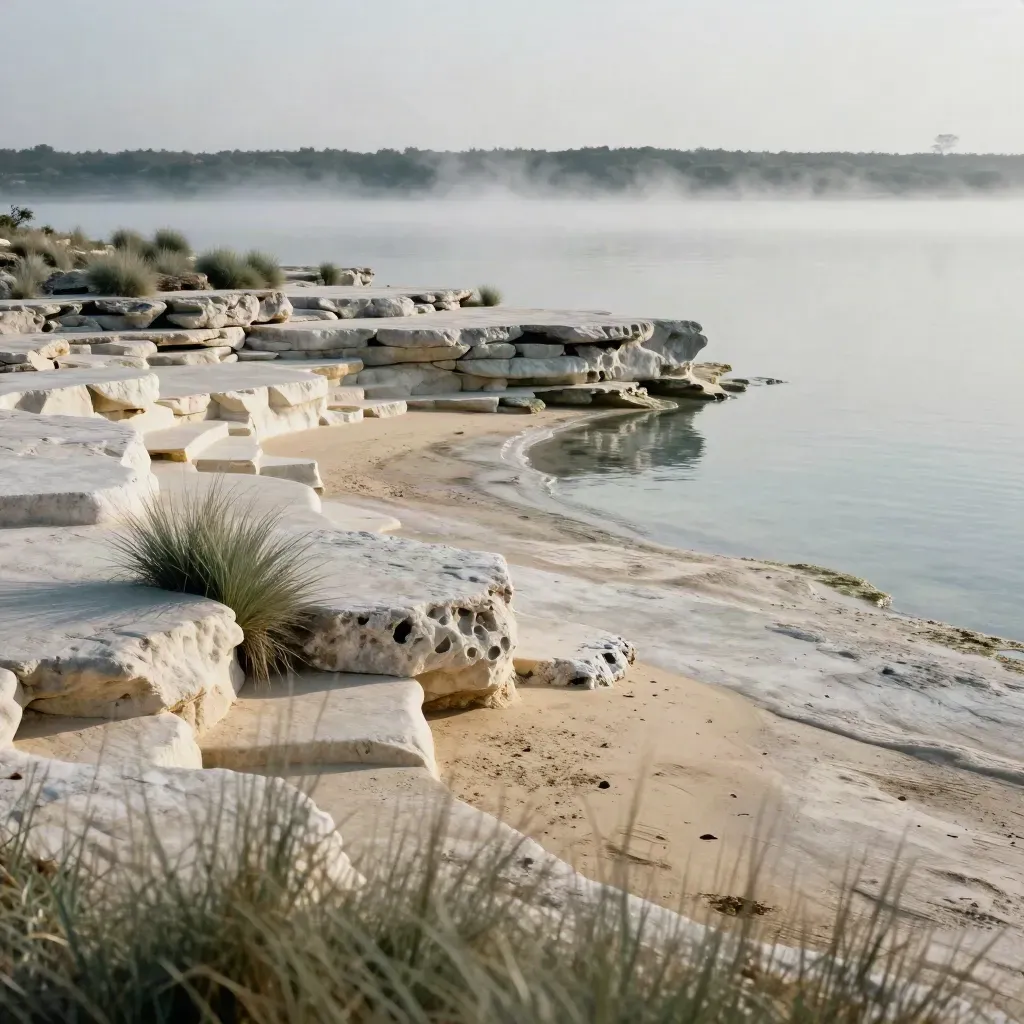 Misty limestone terraces above calm water, with grasses, stone steps, and open foggy foreground.
