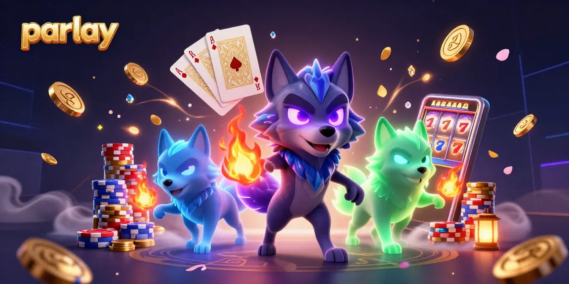 Boost your chances with parlay betting strategies; dynamic scene with wolves and casino elements.