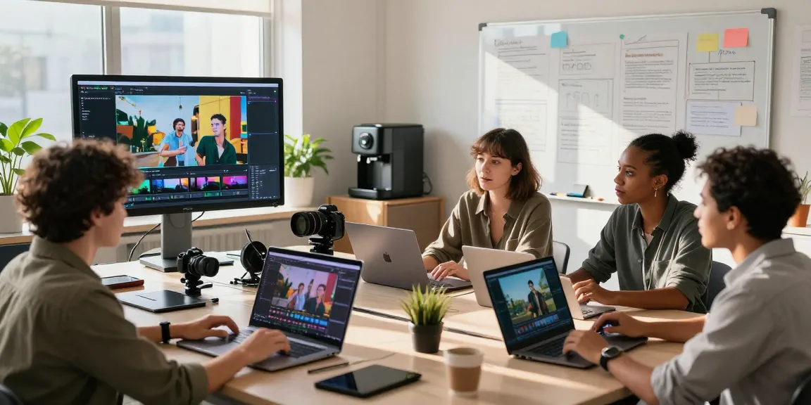 Seedance 2.0 video production team collaborating in a modern workspace, creating vibrant AI-generated videos.