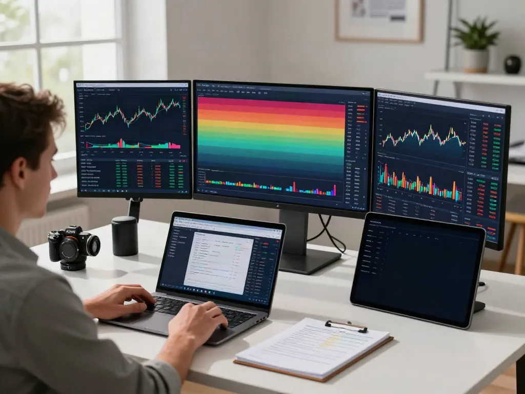 TradingView interface on multiple monitors in a professional trading workspace.