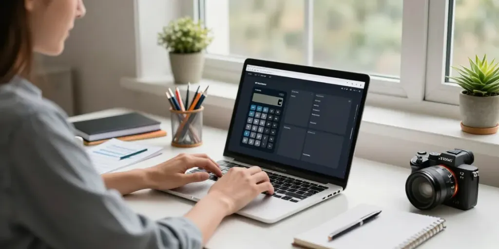 Using a Calculator Online at a stylish home office desk with warm daylight.