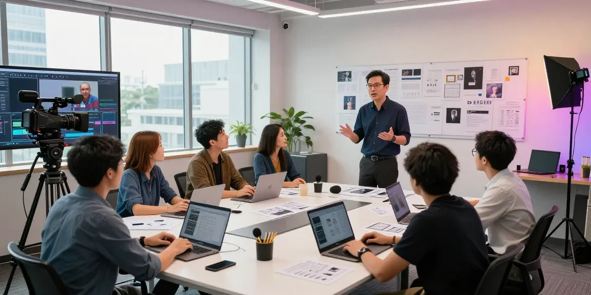 Best corporate video production company Singapore team collaborating in a vibrant studio