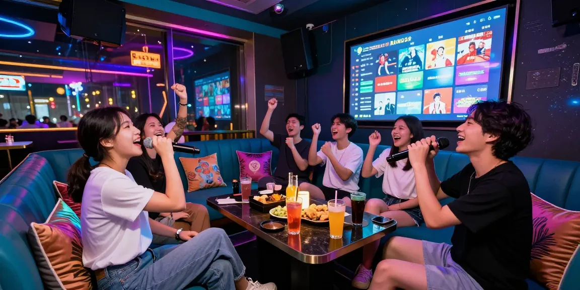 Friends enjoying a lively 강남노래방 karaoke session with vibrant lighting and fun atmosphere