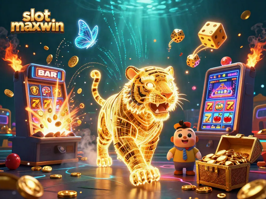 Experience slot maxwin excitement with vibrant 3D casino scene featuring cascading jackpots and lucky symbols.