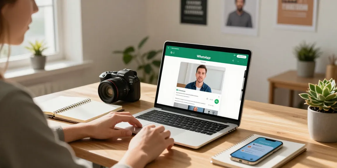 Engaged user communicating on WhatsApp網頁版 in a cozy modern home office setting.