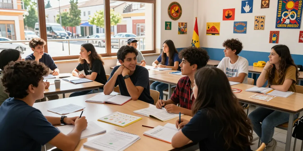 Cours d'espagnol en Espagne avec des étudiants s'engageant dans une salle de classe dynamique remplie d'éléments culturels.
