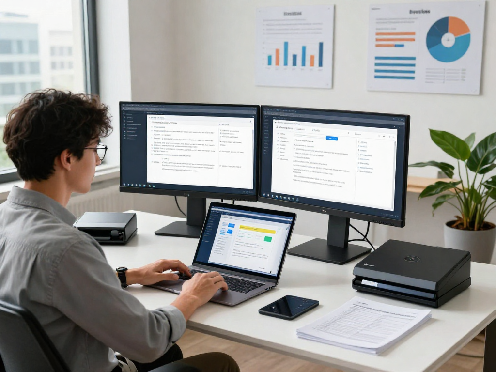 Analyst reviewing document fraud detection software in a modern office.