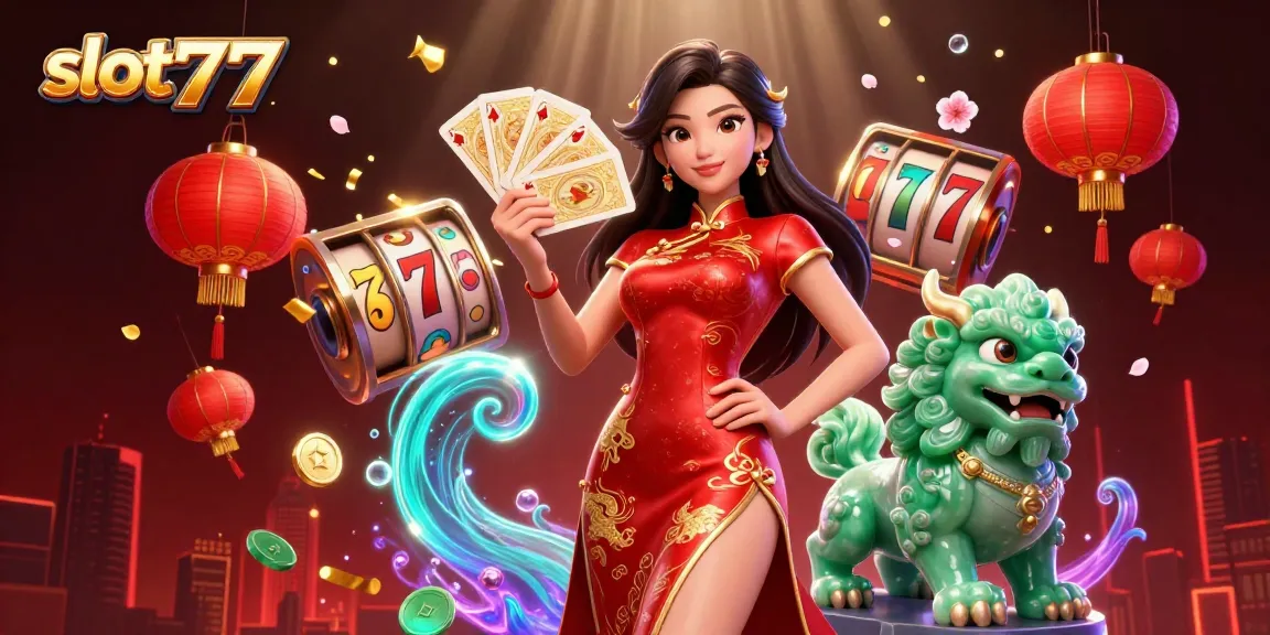 Experience thrilling gameplay with slot777 as a 3D elegant character and jade lion navigate vibrant slots.