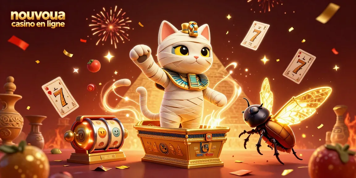 Illustration représentant un nouveau casino en ligne avec un chat momie égyptien émergeant d'un sarcophage doré, symbolisant l'excitation des jeux d'argent.