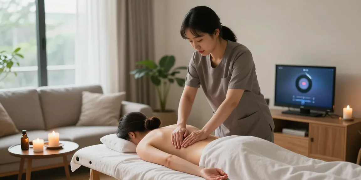 군포출장마사지 전문 한국인 마사지사가 고객에게 편안한 홈케어 서비스를 제공하는 장면