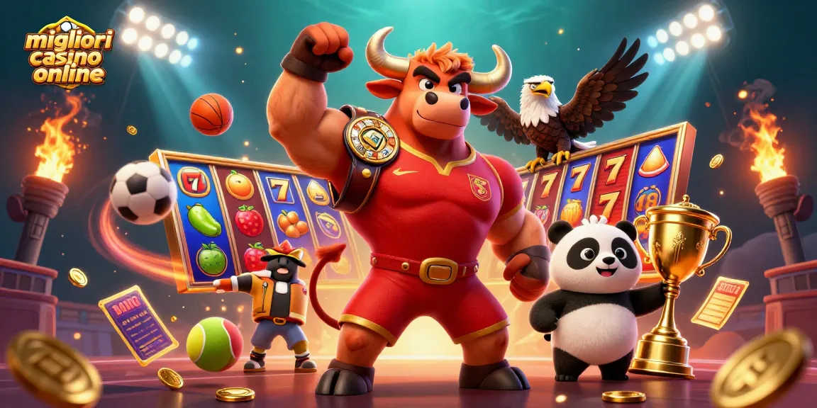 Vivi l'emozione nei migliori casino online con una scena dinamica che presenta un toro, un'aquila e un panda tra elementi di slot vibranti.