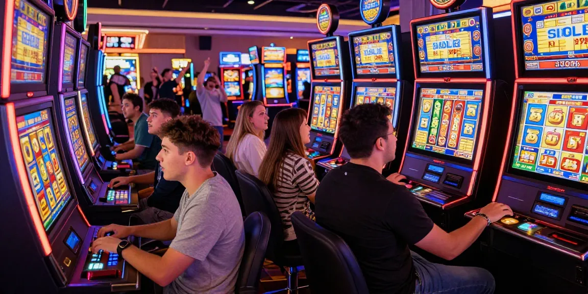 Tempat bermain slot gacor di kasino dengan pemain bersemangat dan mesin slot berwarna-warni.