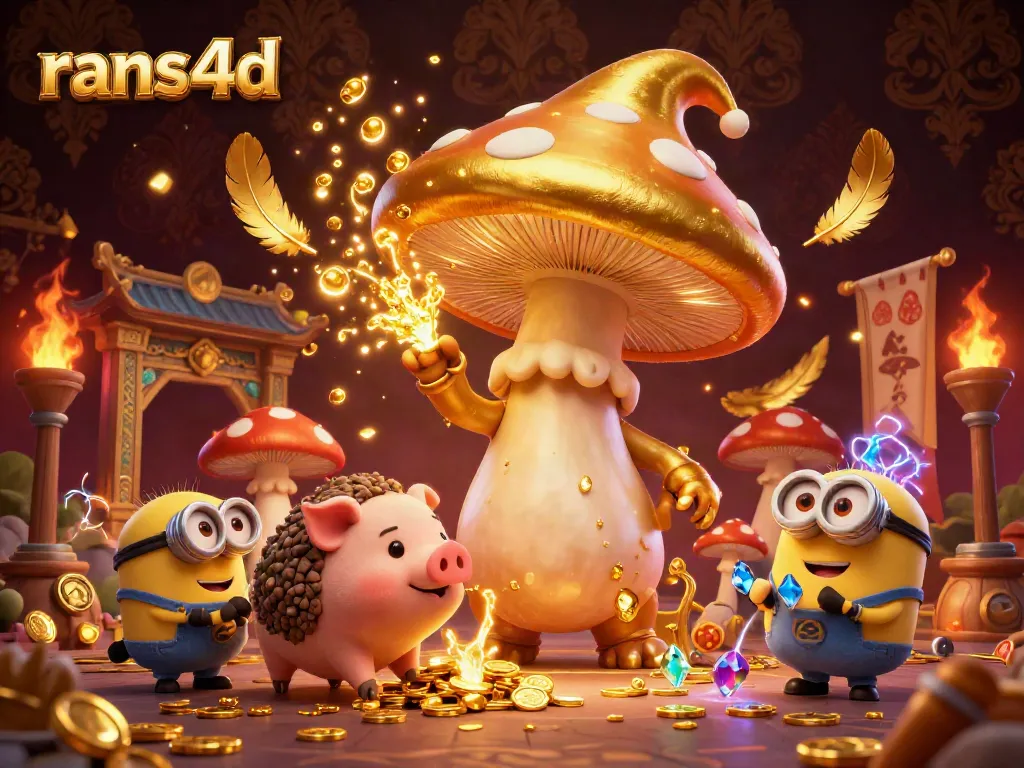 Rans4d menghadirkan ilustrasi 3D yang menampilkan wizard jamur emas dan babi truffle dalam suasana kasino yang kaya detail.