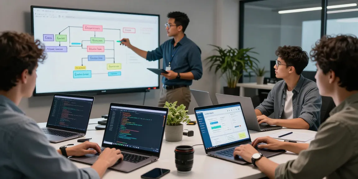 Developers collaborating on telegraimin.com app in a modern workspace showcasing innovation and teamwork.
