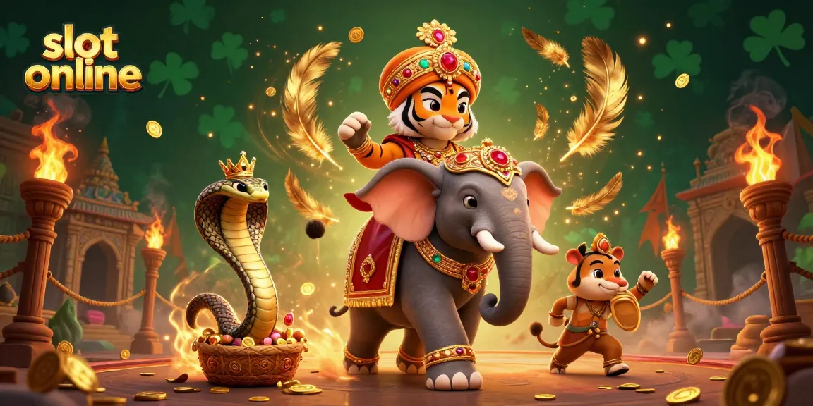 Experience excitement with slot online featuring a vibrant maharaja tiger and elephant in a casino scene.