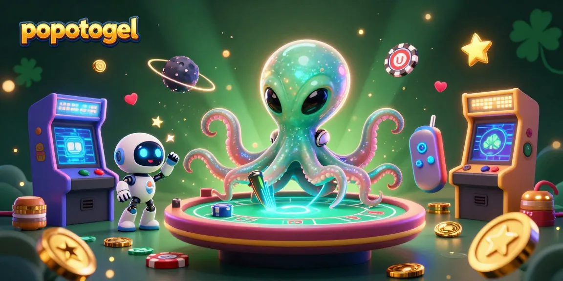 Experience popotogel with a vibrant 3D scene featuring an alien octopus at a poker table.