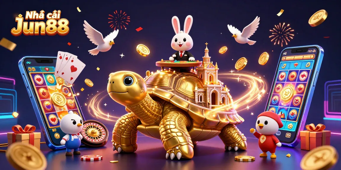 Play at Nhà cái Jun88's vibrant casino with a golden tortoise, rabbit dealer, and exciting gaming elements.
