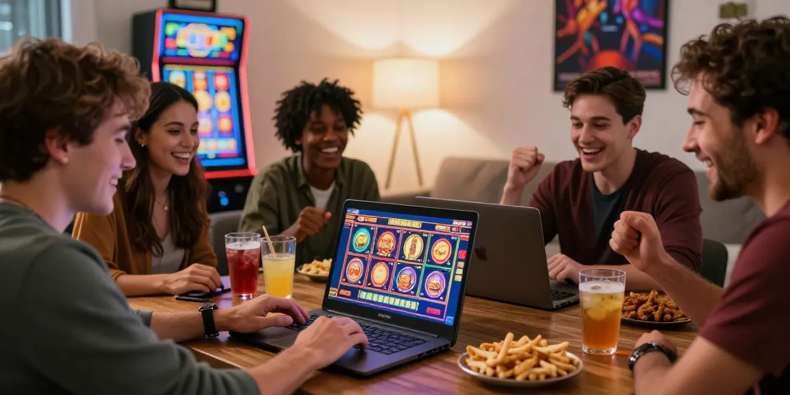 Diverse friends enjoying online casinos Australia together, playing pokies on a laptop in a cozy setting.