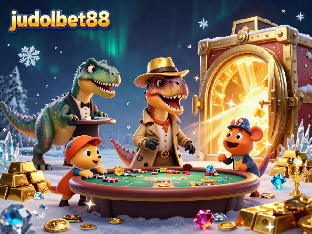 Experience thrilling blackjack action at judolbet88 with a velociraptor card counter and stegosaurus pit boss in a vibrant casino.