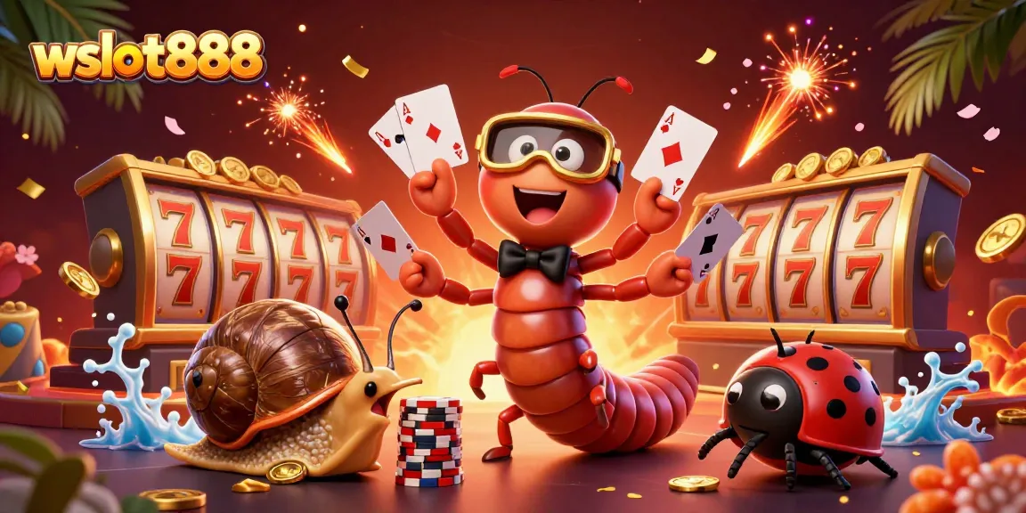 Menangkan permainan di wslot888 dengan dealer kartun dan simbol slot yang memukau di latar belakang.