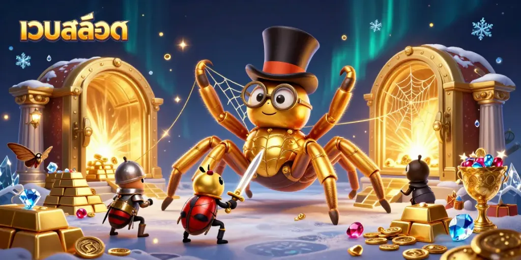 Experience exciting เว็บสล็อต action with a gold-themed scene featuring a tarantula, beetle knight, and treasures.