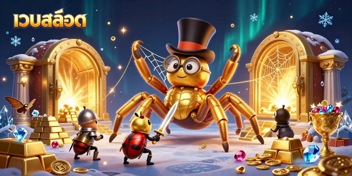 Experience exciting เว็บสล็อต action with a gold-themed scene featuring a tarantula, beetle knight, and treasures.