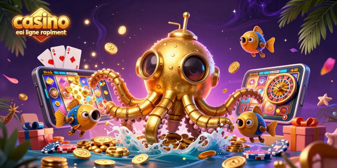 Casino en ligne qui paye rapidement avec un kraken doré, des pièces et des jeux de casino.