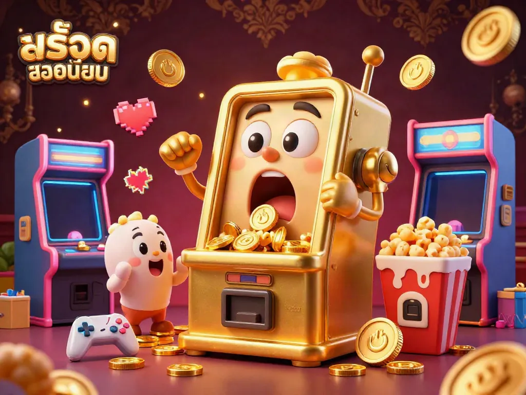 Experience the excitement of the สล็อตยอดนิยม with a lively jackpot scene featuring animated slot machines and colorful arcade elements.