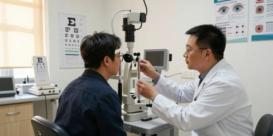 ตรวจสายตา at SNU Eye Clinic, optometrist assisting patient in bright eye care clinic.
