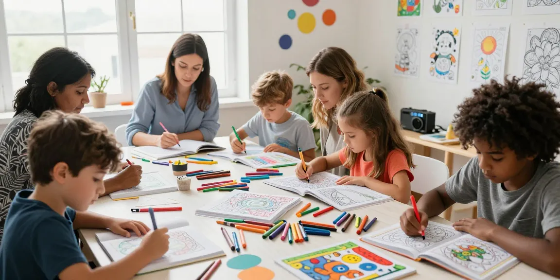 Coloring Books on a table with children and adults coloring together in a cozy craft room