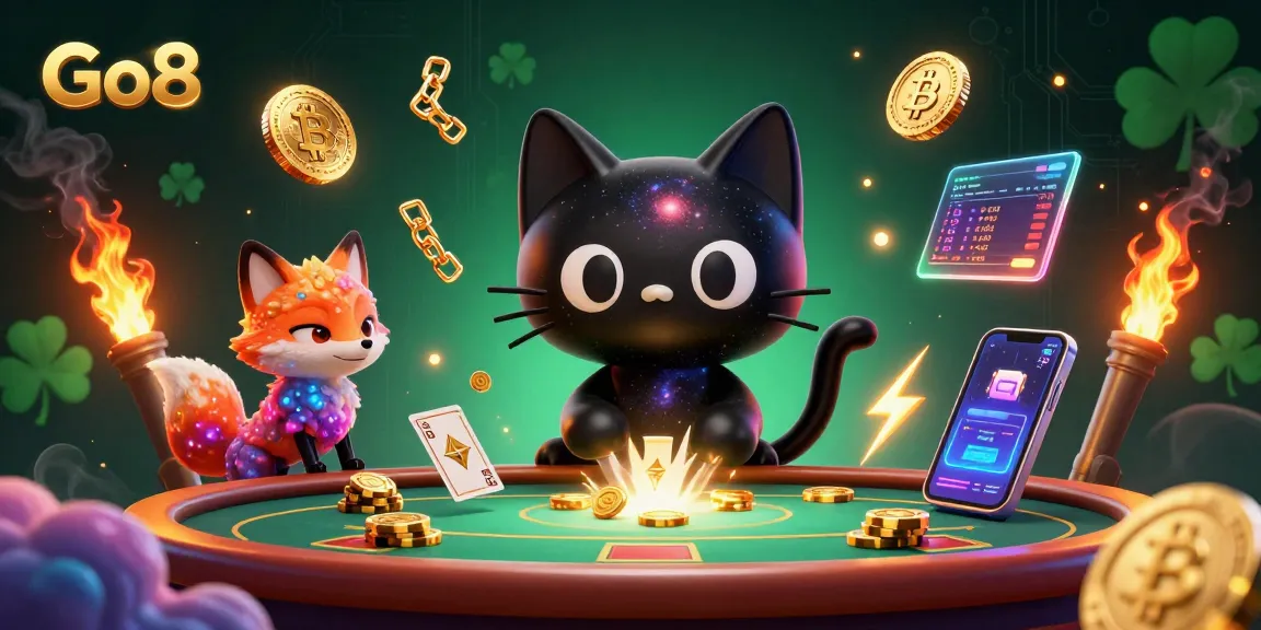 Spin and win at Go8's cosmic casino, featuring a black hole cat and vibrant gas cloud fox.