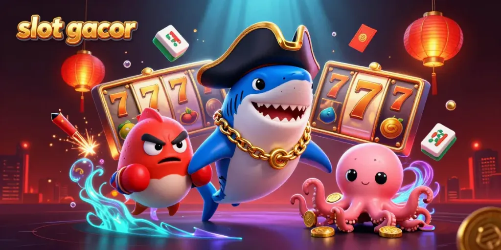 Engage in action with slot gacor characters and rich gaming elements in a vibrant casino-themed illustration.