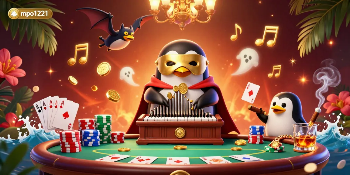 Experience mpo1221 excitement with a phantom penguin shooting coins while surrounded by poker elements.