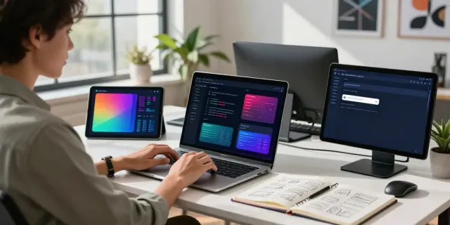 AI content generation for B2B marketers in a vibrant professional workspace with digital tools and analytics.