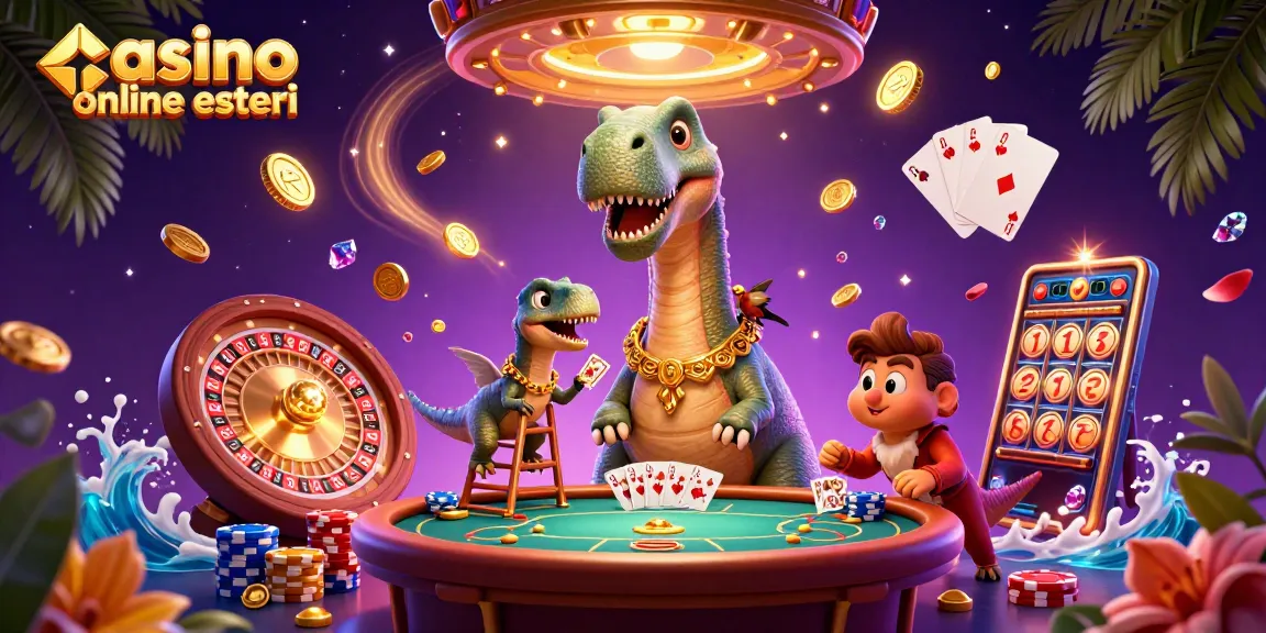 Scopri i migliori casino online esteri con un brontosauro e un raptor che distribuiscono carte e vincita di gemme.