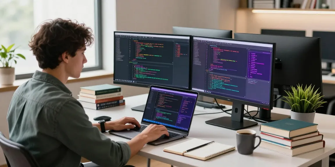 Engaged developer coding in a modern workspace, showcasing 纸飞机中文版 features.