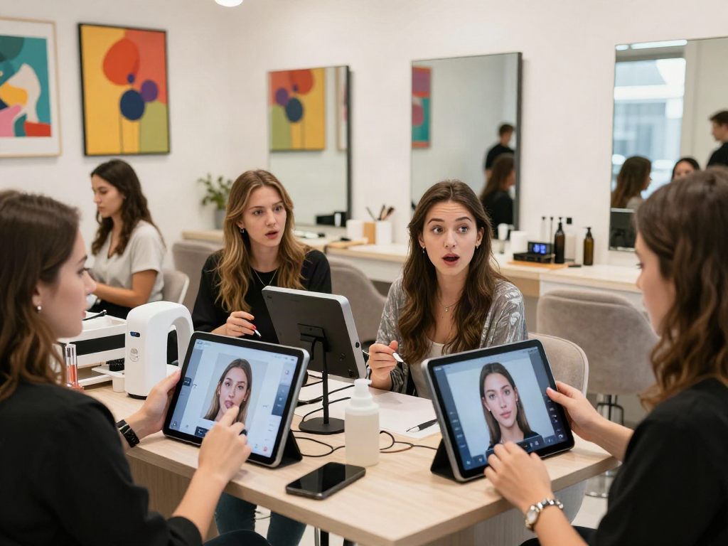 AI attractiveness test in a modern beauty salon, assessing facial features on sleek tablets.