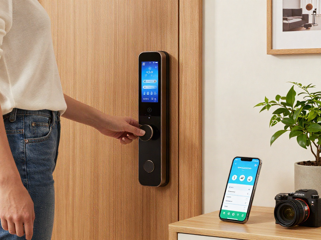 Unlocking a modern قفل هوشمند showcases smart home technology and style.