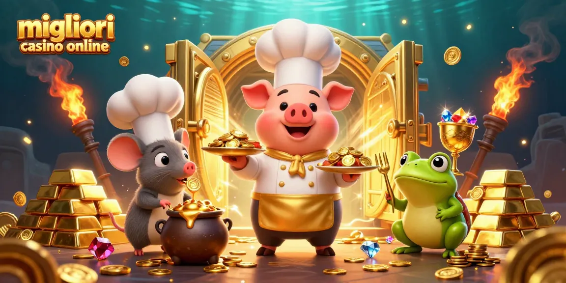 Esplora il mondo dei migliori casino online con vivaci personaggi 3D che si divertono con monete d'oro e tesori.
