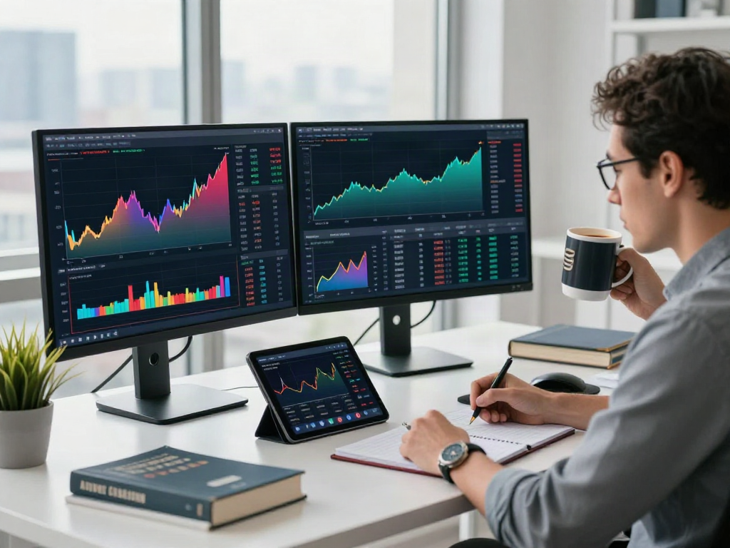 Focused financial analyst at a trading desk analyzing market data on multiple screens with a cup of coffee, representing tradingview官网.