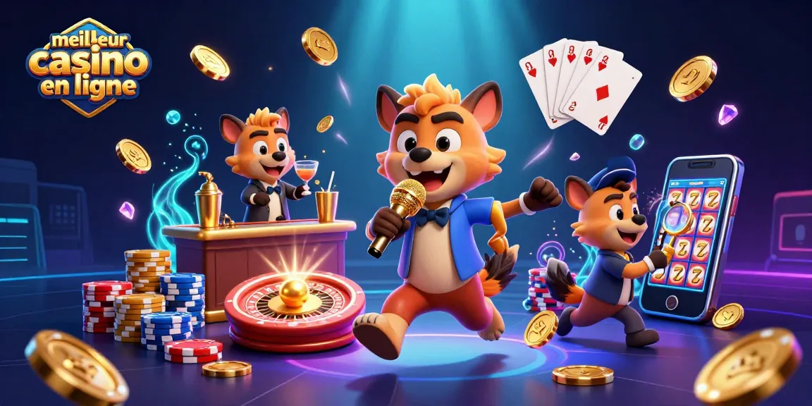 Illustration dynamique du meilleur casino en ligne avec hyènes comiques, pièces d'or et effets lumineux.