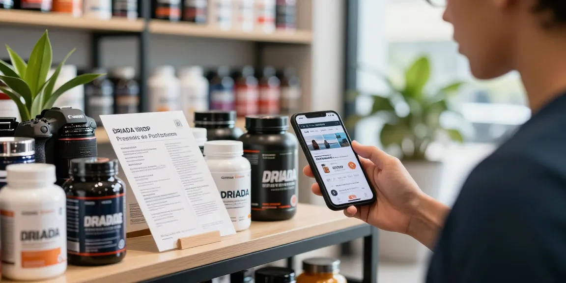 Driada Shop showcasing premium anabolic steroids in a modern health retail environment, perfect for fitness enthusiasts.