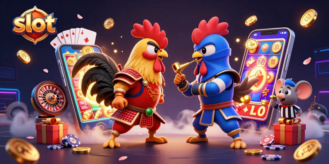 Engage in thrilling slot action with an illustrated scene of fighting roosters amid casino elements.