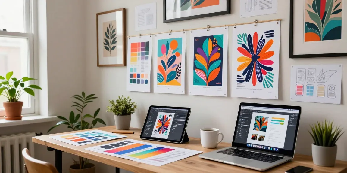 Custom poster printing displayed in a creative workspace with vibrant prints and design tools.