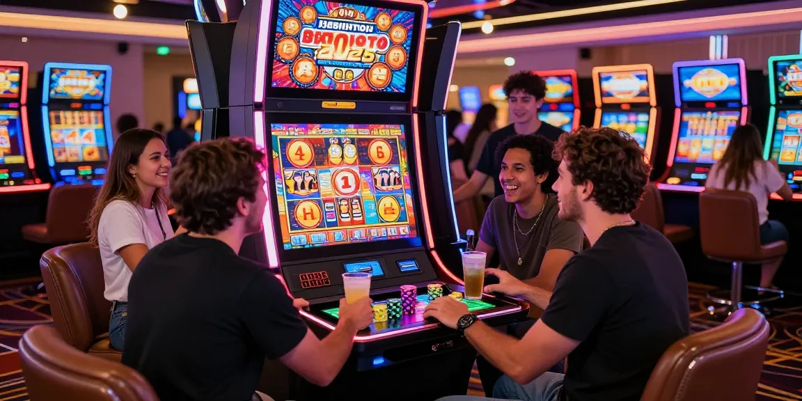 Exciting benihtoto 2026 casino scene with diverse friends enjoying slot gaming.