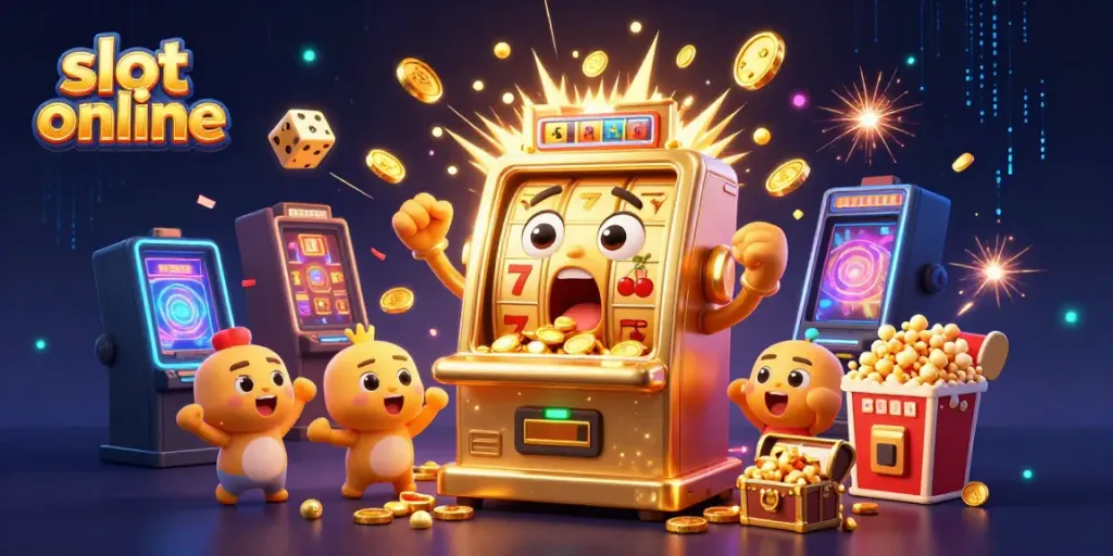Slot online: Mesin slot emas 3D merayakan jackpot dengan koin yang berhamburan.