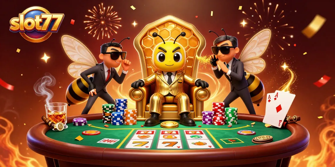 Experience slot77 at a vibrant casino scene with bumblebee boss and thrilling game elements.