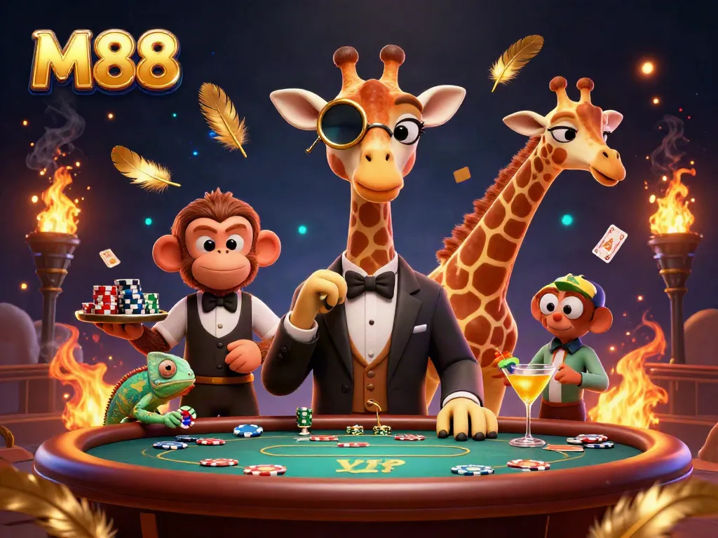 Join the high-stakes action with M88 at a VIP poker table featuring a stylish giraffe, monkey valet, and chameleon bartender.